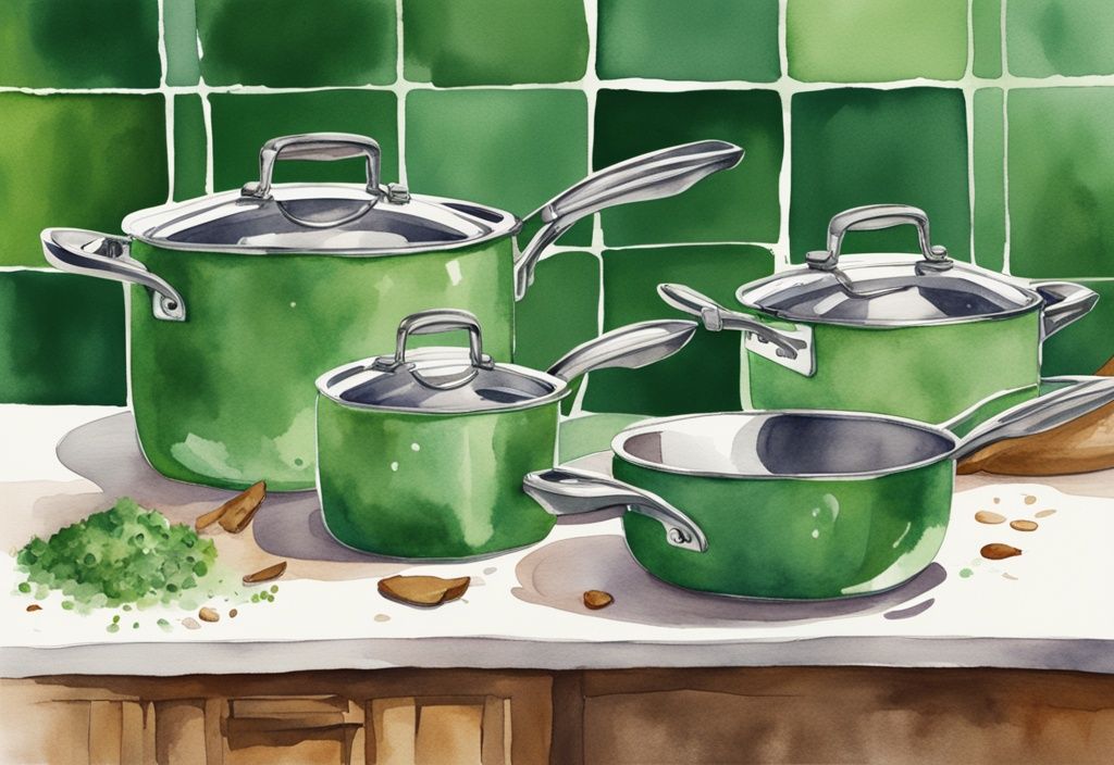 Modern watercolor illustration showcasing the pros and cons of stainless steel cookware with a split image; new shiny set on one side, worn and aged set on the other, highlighting the contrast between newness and character.