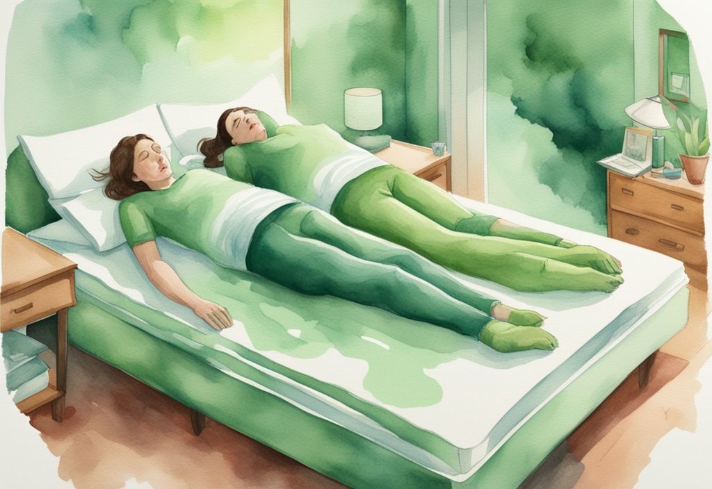 Modern watercolor illustration showing the pros and cons of latex mattress: a person sleeping peacefully on a latex mattress versus tossing and turning on another mattress, highlighting comfort and restfulness.