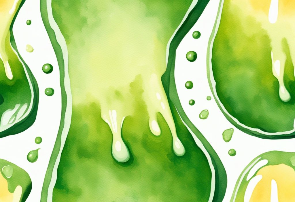 Modern watercolor illustration of a glass of milk with golden DHA algal oil droplet creating ripples, green color theme.