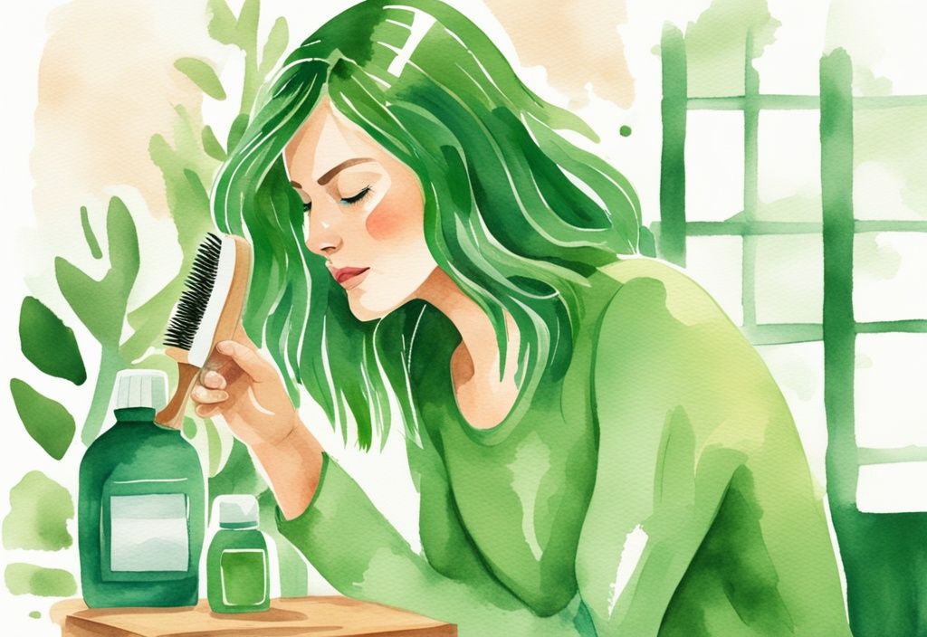 Modern watercolor illustration of a woman brushing her hair with a wooden brush, featuring a spray bottle of natural anti-static solution; learn how to remove static from hair naturally.