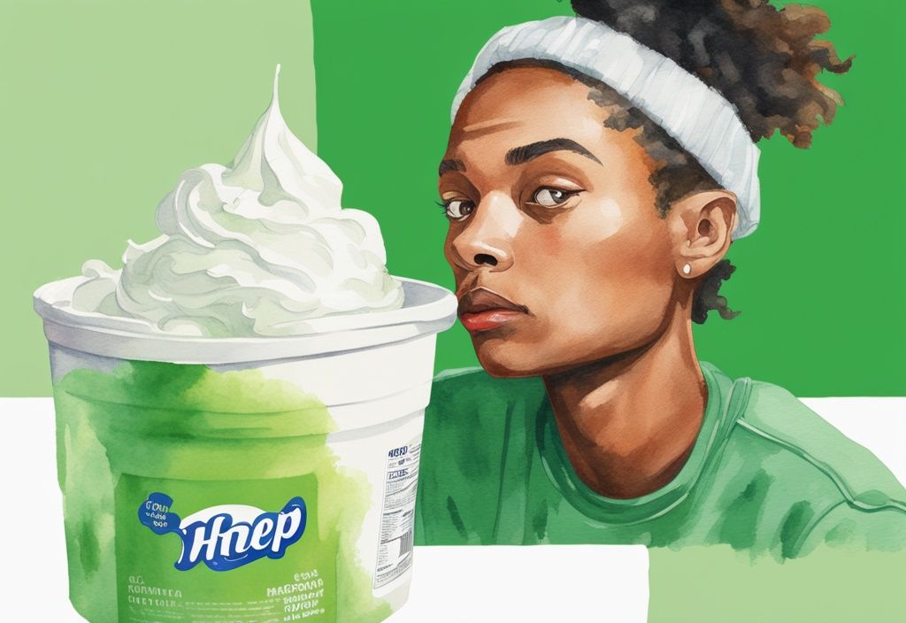 Modern watercolor illustration depicting a vibrant bowl of Cool Whip contrasted with a worried person reading nutritional facts, questioning "is cool whip bad for you?