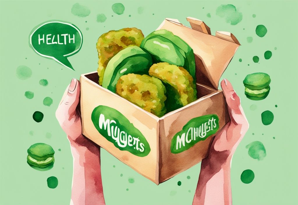 Modern watercolor illustration of hands holding McNuggets box, with thought bubble showing question mark and health symbol, exploring the question: are McNuggets bad for health?