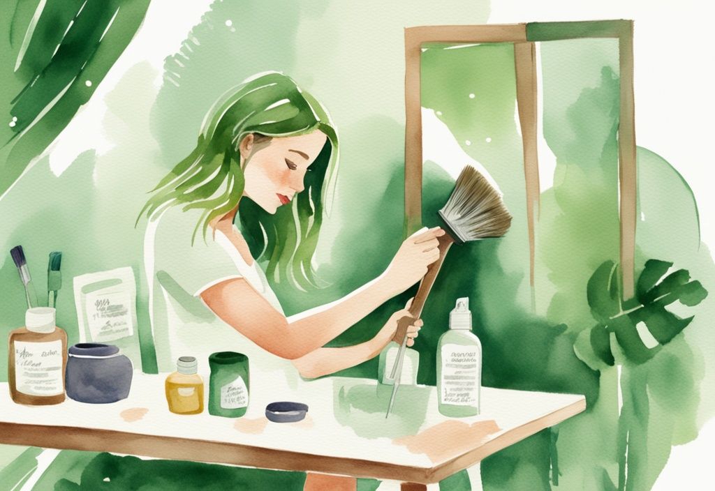 Modern watercolor illustration of a woman brushing hair with a wooden brush, green theme, natural solution spray bottle on table.