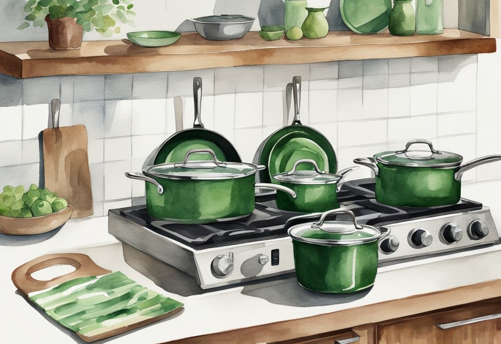 Modern watercolor illustration of Calphalon cookware on kitchen countertop with green safety checkmark symbol.