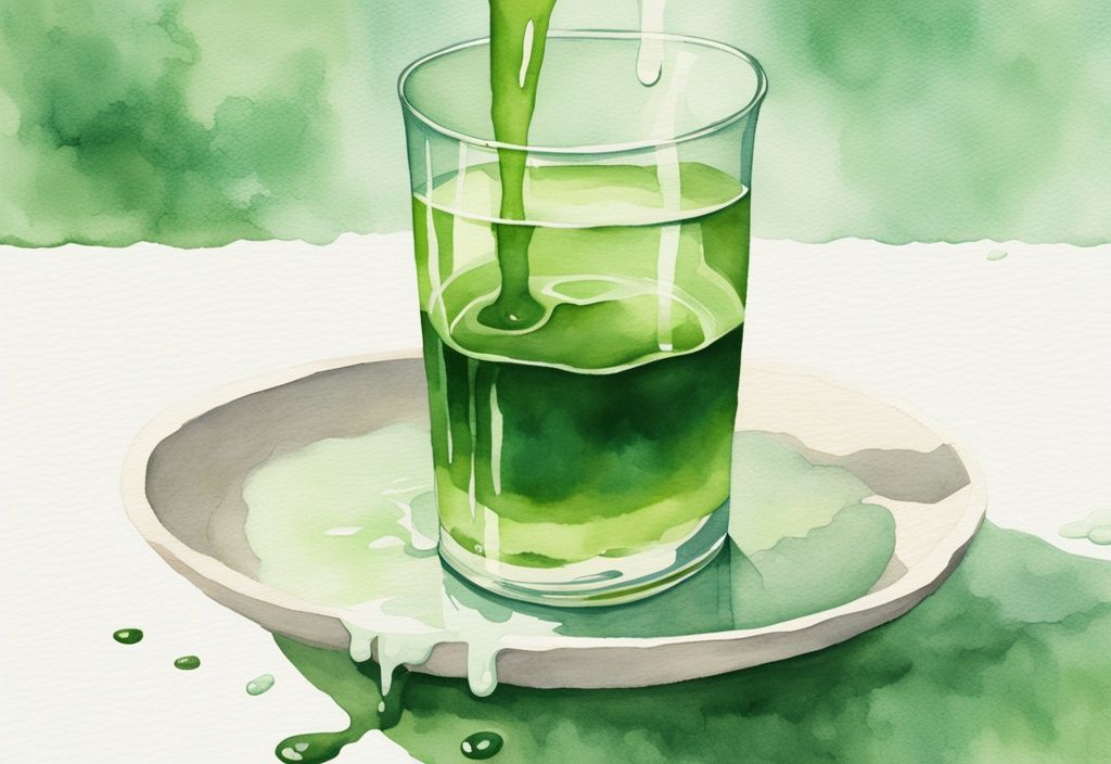 Modern watercolor illustration of DHA algal oil in milk, featuring a green droplet creating ripples.