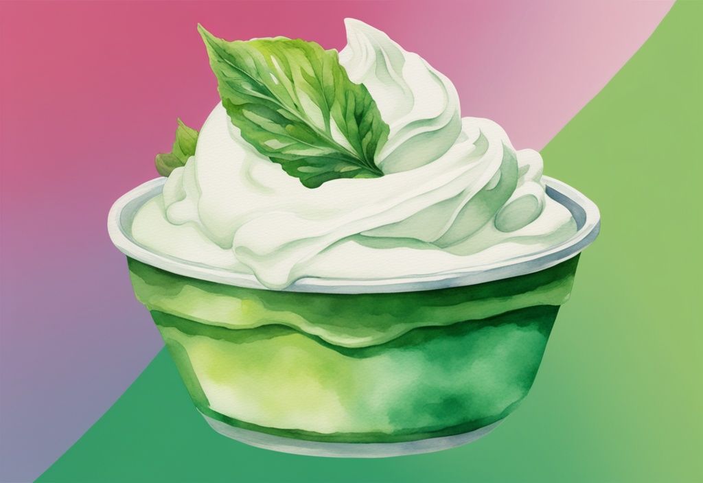 Modern watercolor illustration of vibrant green theme, split image with luscious Cool Whip bowl on one side and cautionary "no" symbol over dull Cool Whip container on the other side.