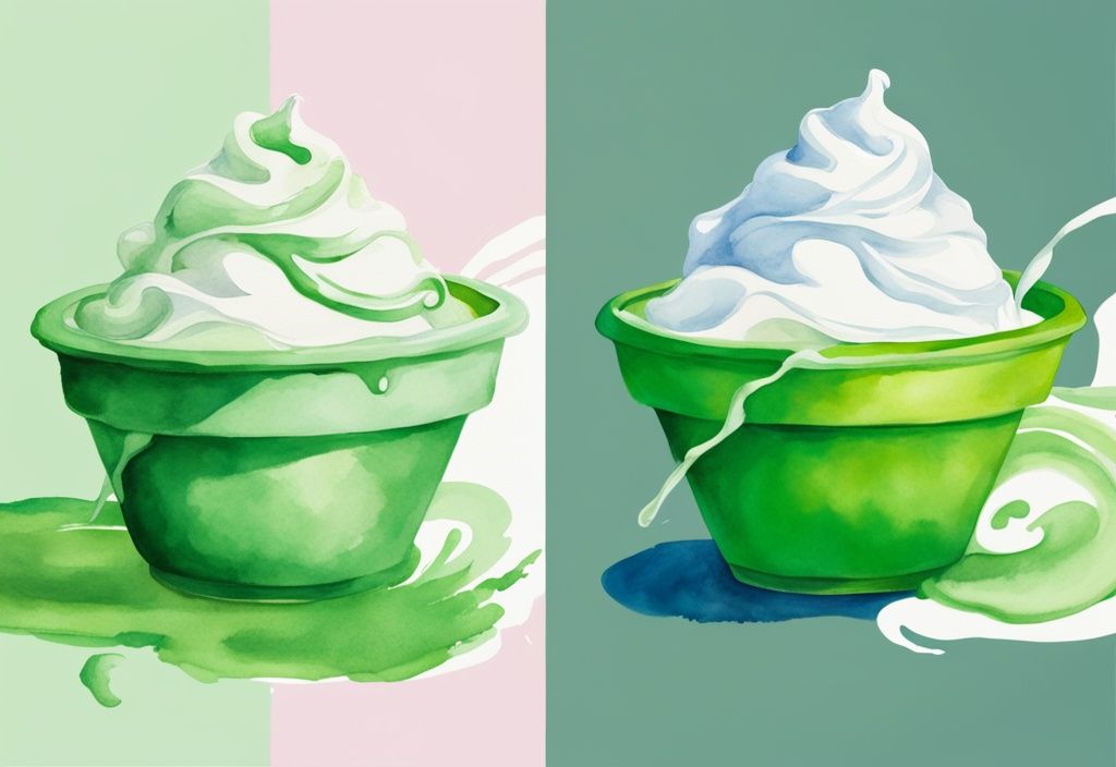 Modern watercolor illustration of vibrant Cool Whip bowl vs dull container with no symbol, green color theme.