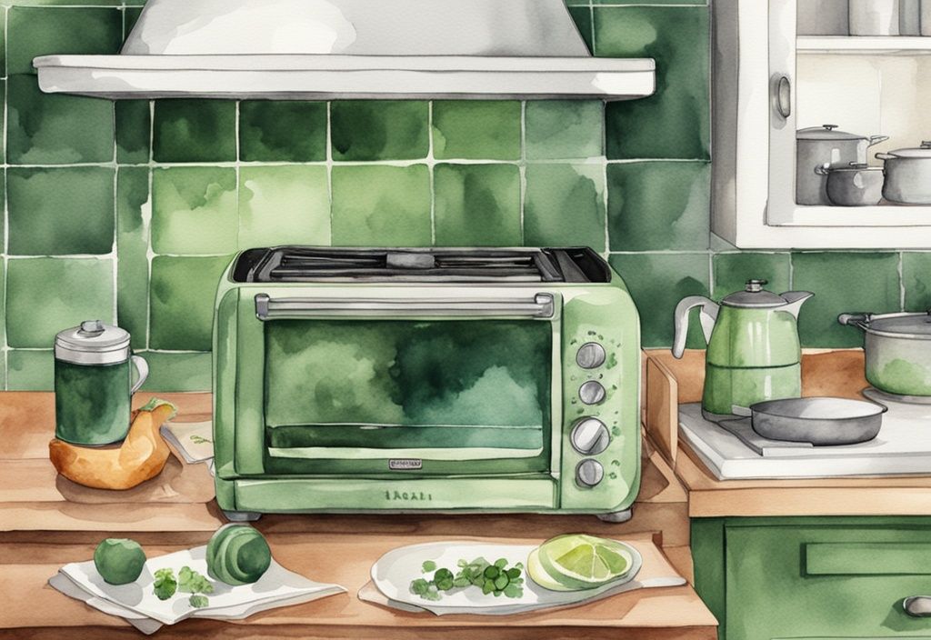 Modern watercolor illustration of green-themed kitchen with alternatives to microwave: toaster oven, conventional oven, stovetop, and slow cooker on countertop.