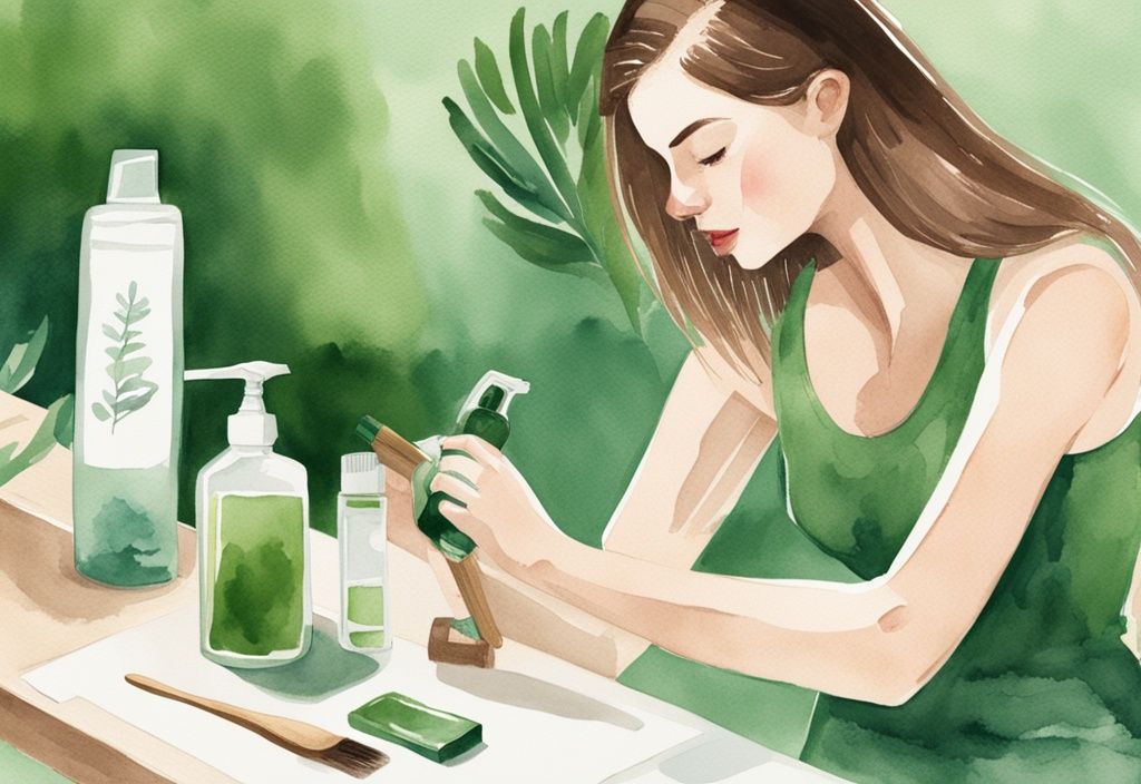 Modern watercolor illustration of a woman brushing her hair with a wooden brush, green color theme, natural solution spray bottle on table.