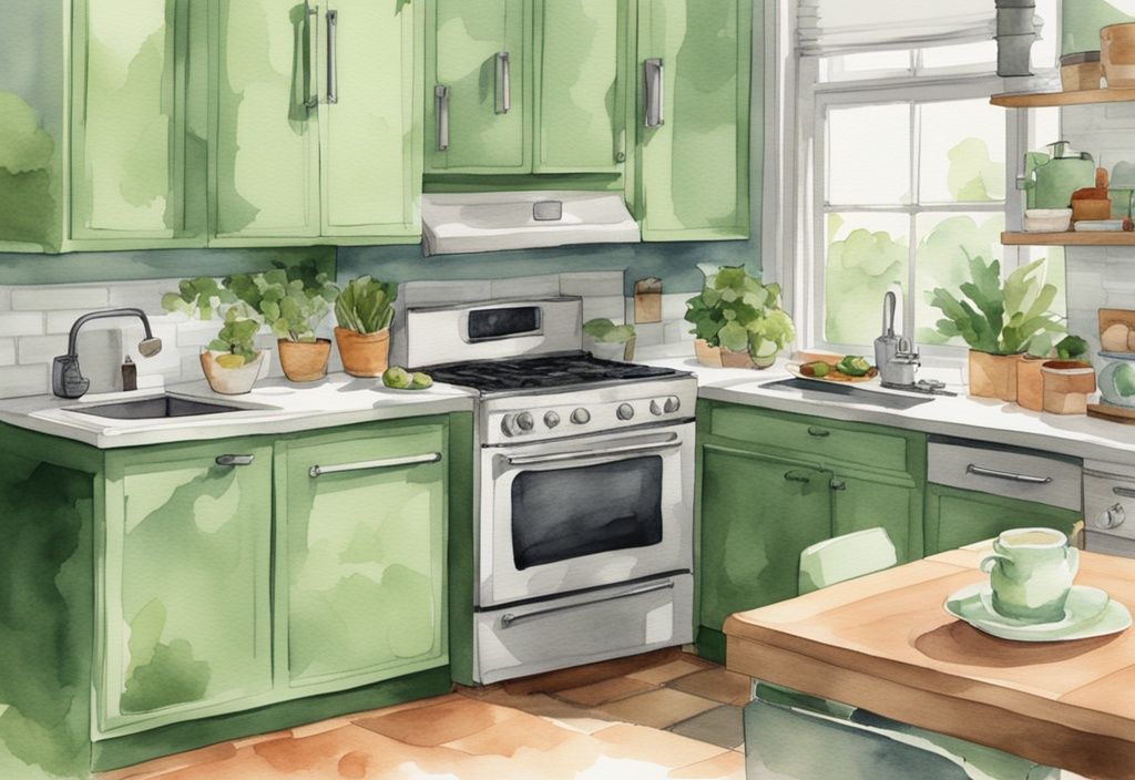 Modern watercolor illustration of green-themed kitchen appliances on a countertop, featuring a toaster oven, steamer, and stovetop kettle.
