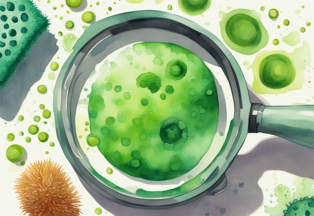 Modern watercolor illustration of a green kitchen sponge under a magnifying glass, highlighting bacteria and germs, illustrating the question: how bad are kitchen sponges.