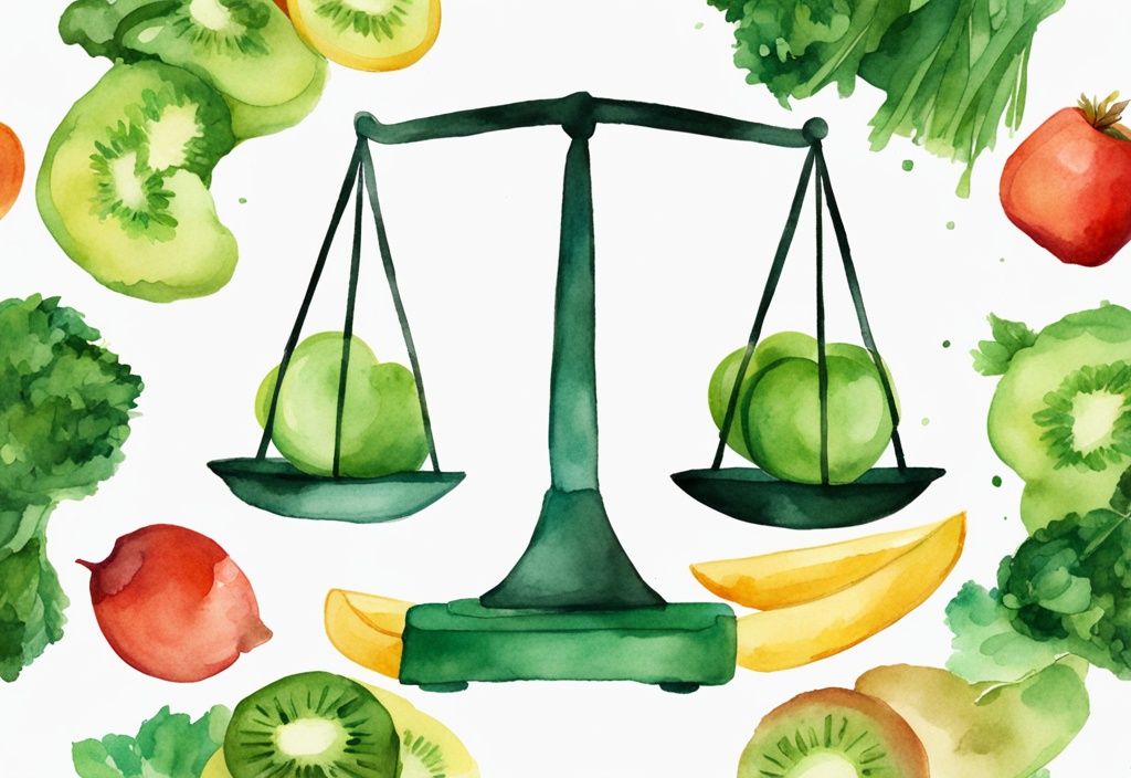 Modern watercolor illustration of a balance scale with McNuggets outweighing fruits and vegetables, symbolizing health comparison, green color theme.