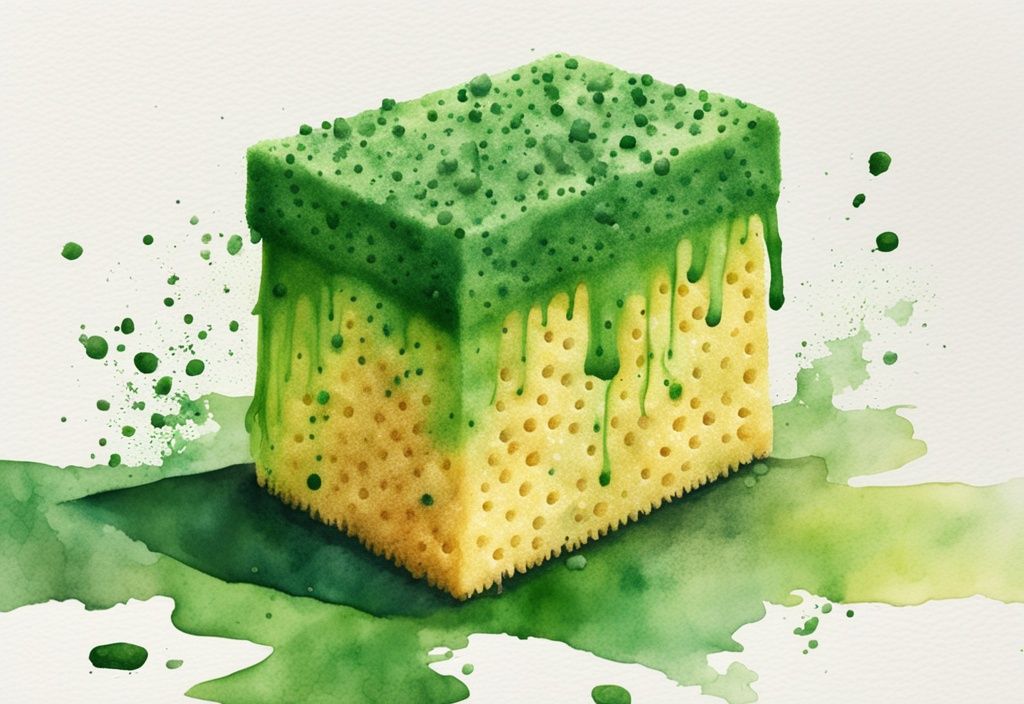 Modern watercolor illustration of a grimy kitchen sponge with food particles, set against a clean kitchen background, green color theme.
