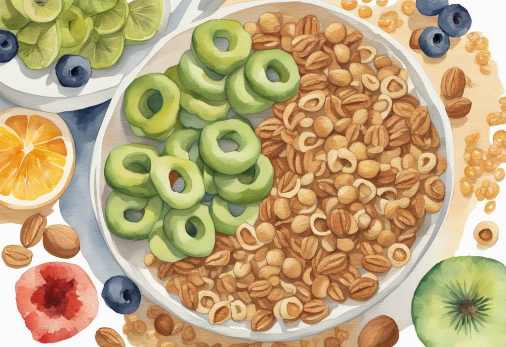 Modern watercolor illustration of a healthy alternative to Cheerios, showcasing colorful whole grain cereals, fresh fruits, and nuts on a bright breakfast table.
