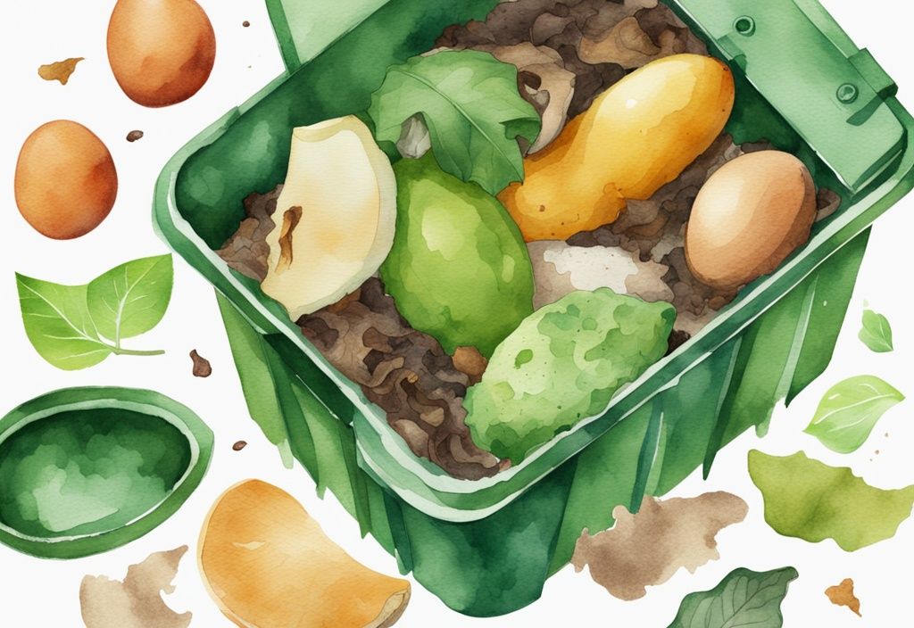 Modern watercolor illustration of compostable food waste in a bin, featuring green-themed fruit peels, vegetable scraps, coffee grounds, and eggshells.