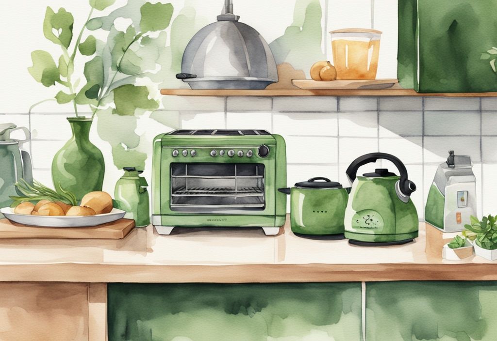 Modern watercolor illustration of green-themed kitchen with toaster oven, steamer, and stovetop kettle on sleek countertop.