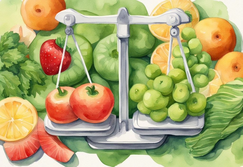 Modern watercolor illustration of McNuggets outweighing fruits and vegetables on a balance scale, highlighting health comparison, green color theme.