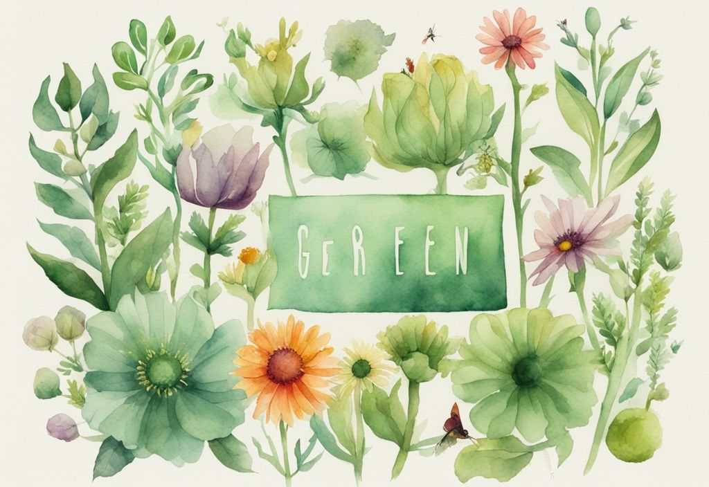 Modern watercolor illustration of vibrant flowers labeled with names and pests they repel, showcasing what flower works as a natural pest control, with a green color theme.