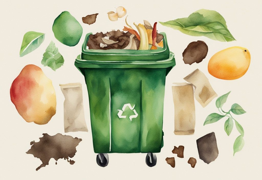 Modern watercolor illustration of green-themed compost bin with compostable food waste like fruit peels, vegetable scraps, coffee grounds, and eggshells.