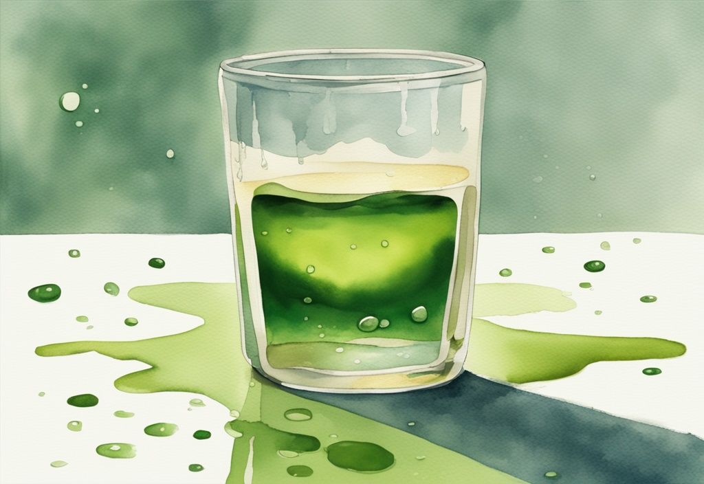 Modern watercolor illustration of a glass of milk with a droplet of golden DHA algal oil, green color theme, ripple effect.