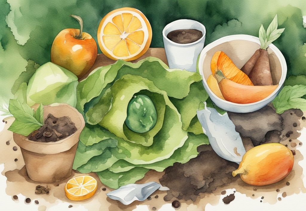 Modern watercolor illustration of a garden compost heap featuring compostable food items like fruit peels, coffee grounds, and vegetable scraps, highlighting what is compostable food.